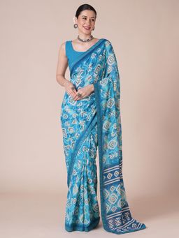 Akhilam - Womens Georgette Light Blue Printed Saree With Unstitched Blouse
