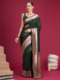 Akhilam - Womens Jacquard Dark Green Woven Saree With Unstitched Blouse