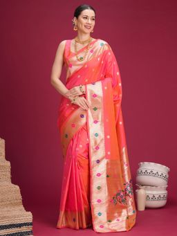 Akhilam - Womens Jacquard Peach Woven Saree With Unstitched Blouse