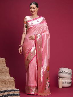 Akhilam - Womens Jacquard Pink Woven Saree With Unstitched Blouse