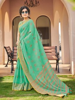 Odette - Womens Sea Green Cotton Woven Design Saree with Unstitched Blouse
