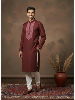Gahan - Mens Maroon Cotton Front Katha Stitch Work Kurta