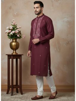 Gahan - Mens Maroon Cotton Front Katha Stitch Work Kurta