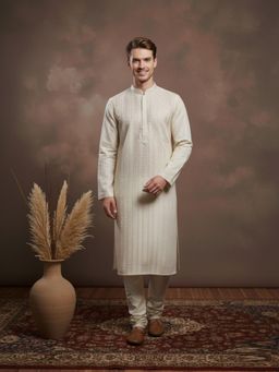 Gahan - Mens Intricate Sequins Designer Silk Beige Kurta