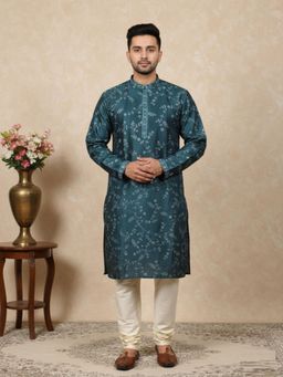 Gahan - Designer Silk Floral Embroidered Designer Deep Blue Kurta