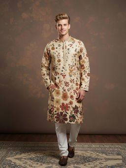Gahan - Mens Brings a Lavish Silk Beige Richly Sequins Printed Work Kurta