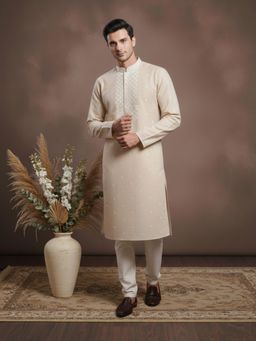 Gahan - Mens Chikankari Linen Beige Kurta