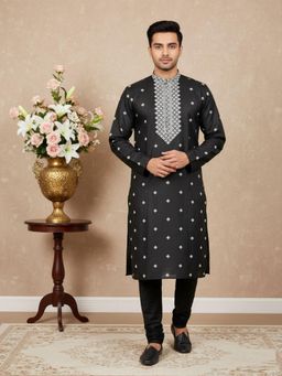 Gahan - Mens Chikankari Linen Black Kurta