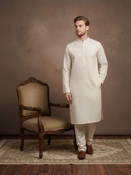Gahan - Mens Classic Cotton White Floral Printed Kurta