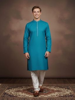 Gahan - Mens Classic Cotton Blue Self Design Kurta