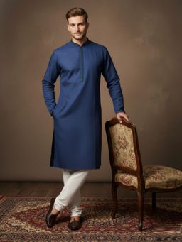 Gahan - Mens Classic Cotton Deep Blue Self Pattern Kurta