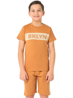 Nuego - Boys Brown Typography Pure Cotton T-shirt & Shorts
