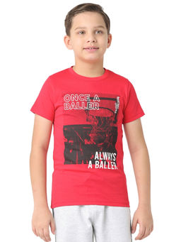 Nuego - Boys Red Graphic Printed Bio Finish Cotton T-shirt