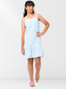 Nuego - Girls Blue Striped Pure Cotton A-Line Dress