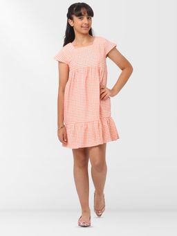 Nuego - Girls Orange Checkered Pure Cotton A-Line Dress