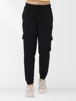 Nuego - Girls Black Solid Cotton Blend Mid Rise Cargo Joggers