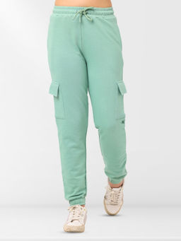 Nuego - Girls Green Solid Cotton Blend Mid Rise Cargo Joggers