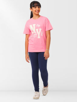 Nuego - Girls Pink Typography Cotton Blend T-shirt & Leggings