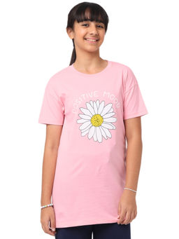 Nuego - Girls Pink Floral Printed Bio Finish Relaxed Fit Cotton T-shirt
