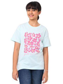 Nuego - Girls Blue Floral Printed Bio Finish Cotton T-shirt