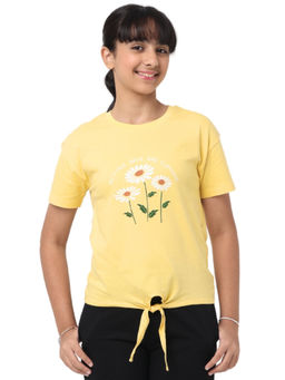 Nuego - Girls Yellow Floral Printed Bio Finish Cotton T-shirt