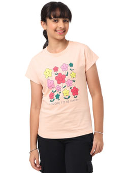 Nuego - Girls Peach Floral Printed Bio Finish Cotton T-shirt