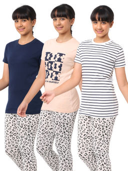 Nuego - Girls Multi-Color Stripe Print Bio Finish Cotton T-shirts (Pack of 3)