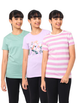 Nuego - Girls Multi-Color Stripe Print Bio Finish Cotton T-shirts (Pack of 3)