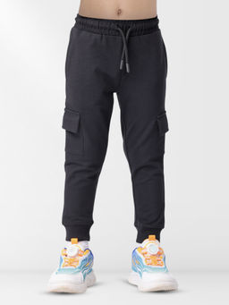 Nuego - Boys Black Solid Pure Cotton Mid Rise Cargo Joggers