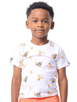 Nuego - Boys White Printed Bio Finish Round Neck Cotton T-shirt
