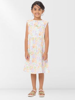 Nuego - Girls White Floral Print Pure Cotton A-Line Dress