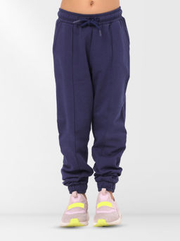 Nuego - Girls Navy Blue Solid Pure Cotton Mid Rise Joggers
