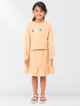 Nuego - Girls Beige Typography Pure Cotton T-Shirt & Skirt
