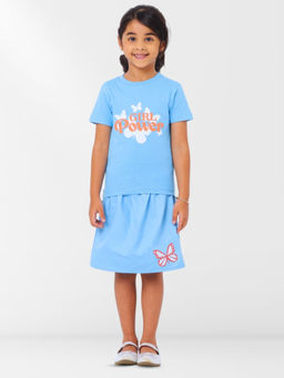 Nuego - Girls Blue Print Pure Cotton T-shirt & Skirt