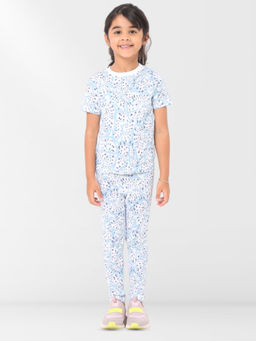 Nuego - Girls Blue Printed Cotton Blend T-shirt & Leggings