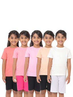 Nuego - Girls Multi-Color Solid Bio Finish Cotton T-shirts (Pack of 5)