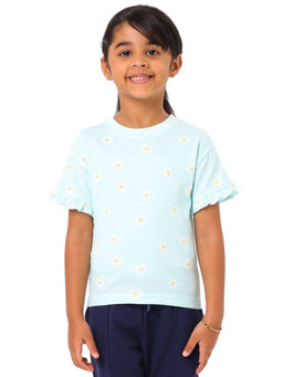 Nuego - Girls Blue Floral Printed Bio Finish Cotton T-shirt