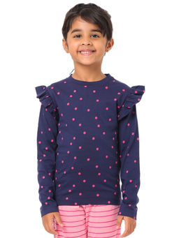 Nuego - Girls Polka Dots Navy Blue Bio Finish Cotton T-shirt