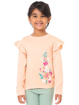 Nuego - Girls Peach Floral Printed Bio Finish Cotton T-shirt