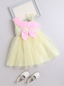 The Magic Wand - Yellow Net Sleeveless Solid Flower Detailed Dress