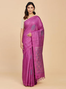 Fabindia - Pink Silk Hand Block Printed Saree Without Blouse