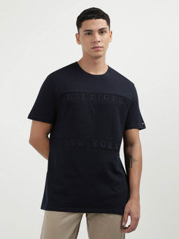 Tommy Hilfiger - Navy Blue Crew Neck Self Design T-Shirt