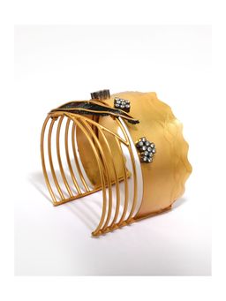 Suhani Pittie - Gold Plated 5 Line Wires & Wavy Cuff with Fabric Leaf and CZ's On It