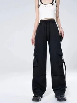 Outzidr - Black Cargo Pant with Tie Up Detailing Jogger