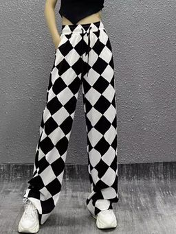 Outzidr - Black and White Diamond Print Street Style Pant