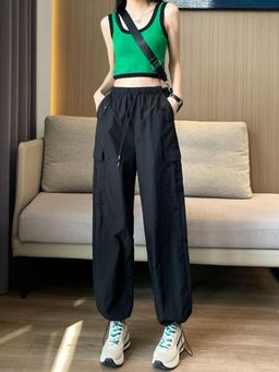 Outzidr - Black Elastic Cargo Pants with Drawstring