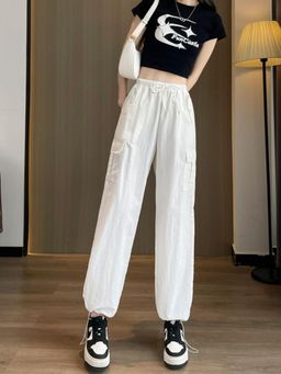 Outzidr - White Elastic Drawstring Cargo Pants