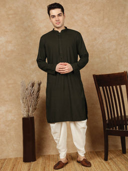 Sanwara - Solid Chikankari Rayon Olive Green Kurta with Dhoti