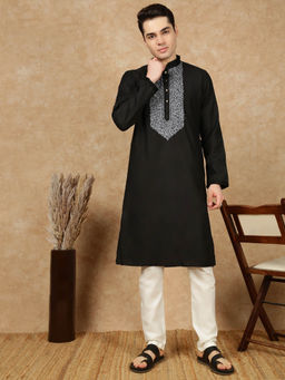 Sanwara - Men Black Cotton Front Katha Stitch Work Kurta with Pant