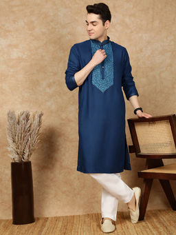Sanwara - Men Blue Cotton Front Katha Stitch Work Kurta with Pant